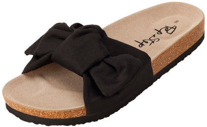 Slide Sandals for Women or Ladies Dressy Summer Casual, Cute Bow Tie Knot On Top Strap, Comfy Slip On Cork Foot Bed