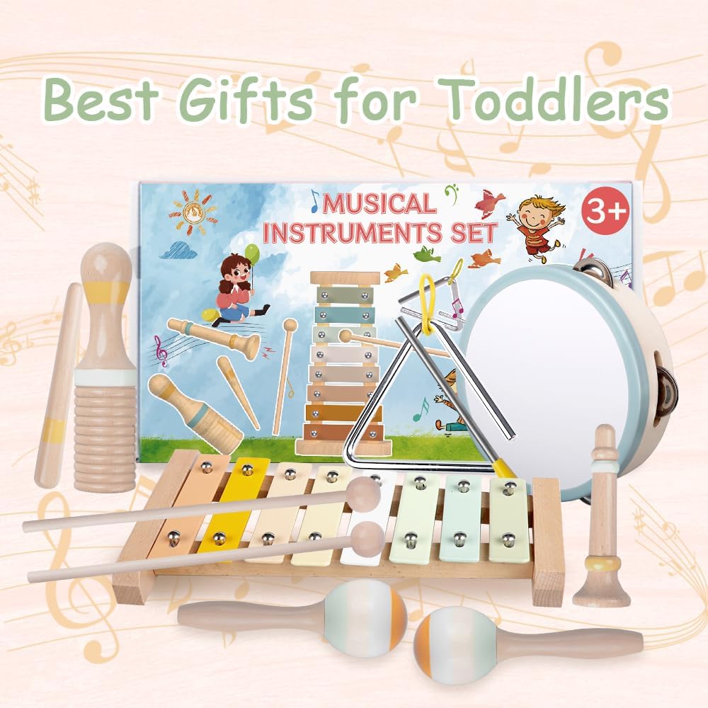 Baby Musical Instruments-Montessori Wooden Toys for Toddlers | Neutral Colors Percussion Instruments Set with Modern