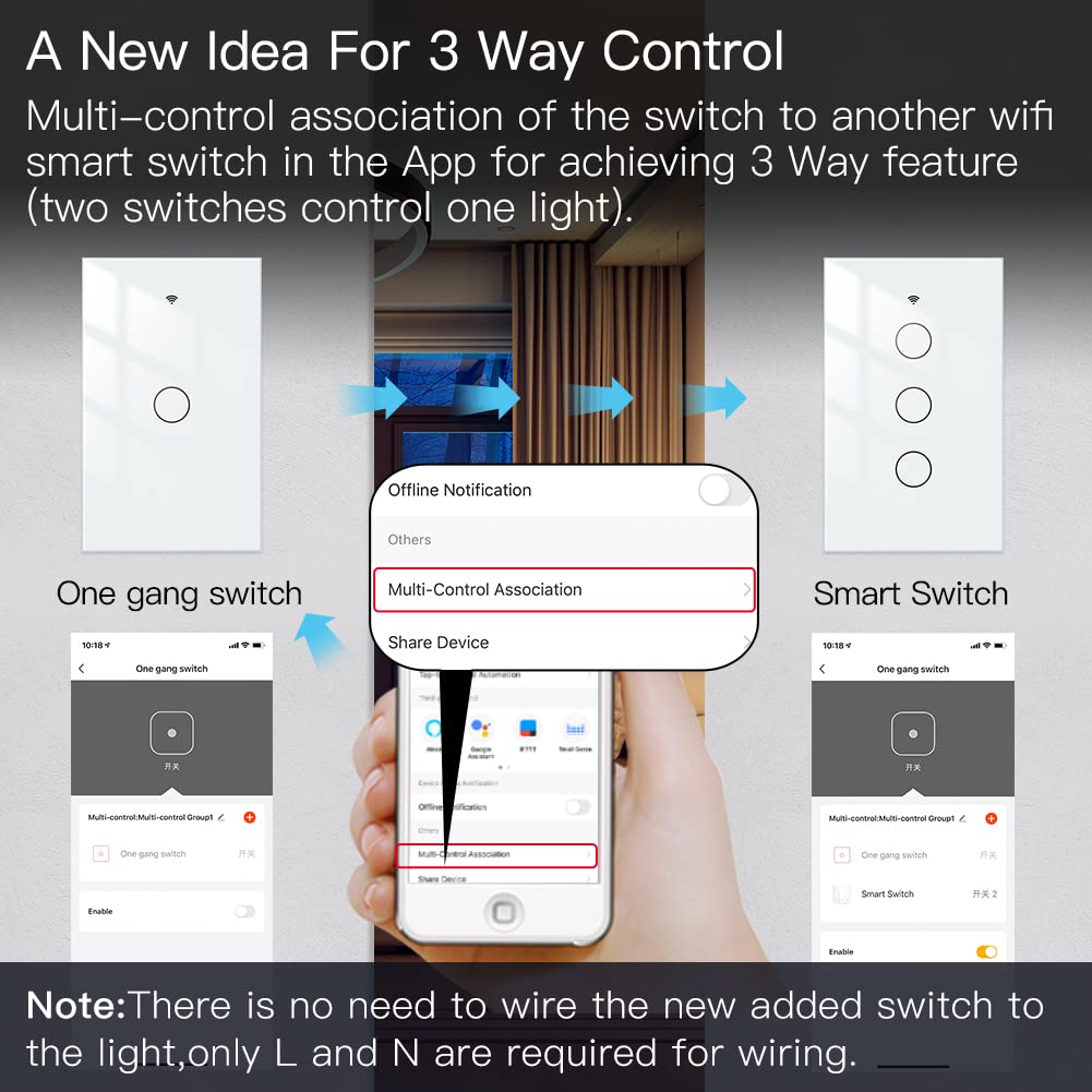 MOES WiFi Smart Touch Wall Light Switch, Neutral Wire Needed, Black 1 Gang