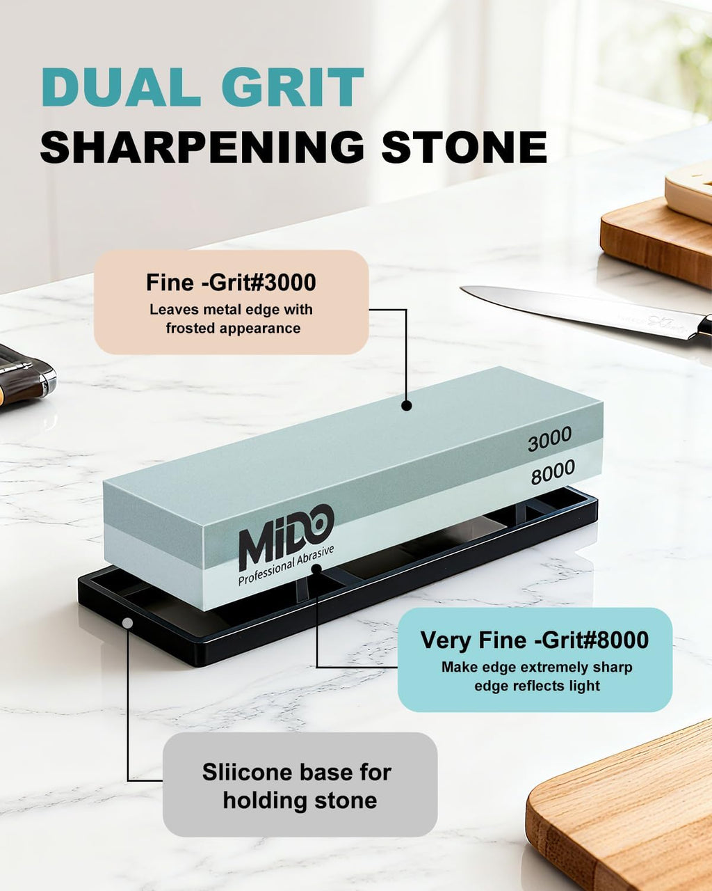 Knife Sharpening Stone 2 Side Grit 3000/8000 Whetstone knife Sharpener Stone with Non-Slip Rubber Base, Kitchen