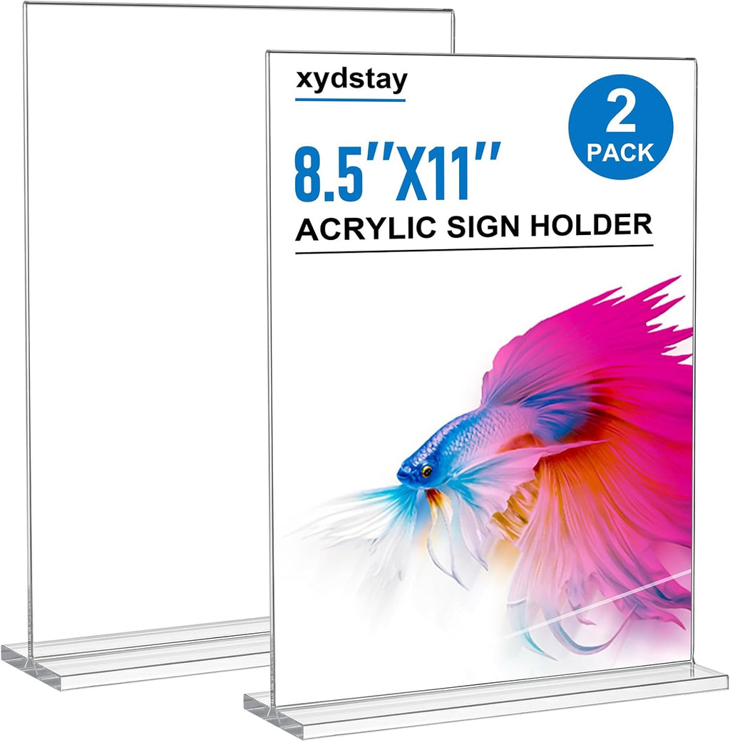 8.5x11 Acrylic Sign Holder,Clear Table Display Stand,2 Pack | Vertical T Shape Plastic Menu Holder with Double-Sided