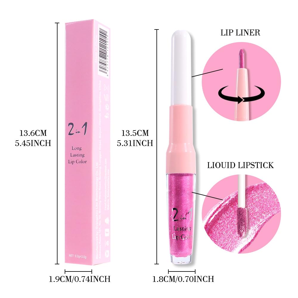Hot Pink Metallic Glitter Lip Liner and Lipstick Combo Lip Gloss Stain Set Makeup for Women Long Lasting Waterproof