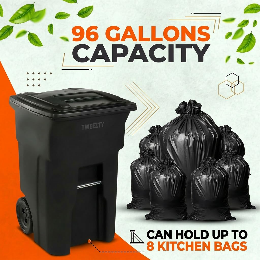 96 Gallon Rolling Outdoor Trash Can with Lid – Heavy‑Duty Plastic Garbage Container for Home, Business, and Curbside