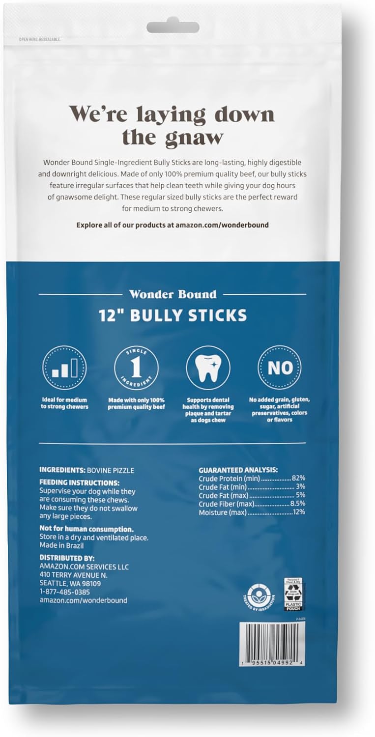 Amazon Brand - Wonder Bound Bully Sticks Dog Treats, All-Natural, Highly Digestible, Long Lasting Dog Beef Treats, 12