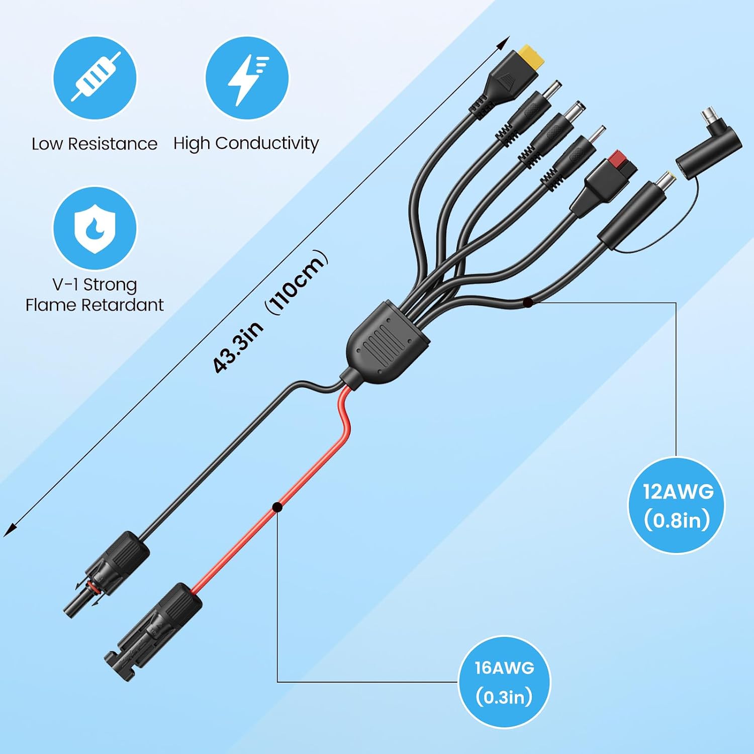 7-in-1 Solar Panel Adapter Connectors,3.6 Feet Universal 12AWG MC4 Cable to DC 8mm XT60 Anderson,Solar Charge Cable