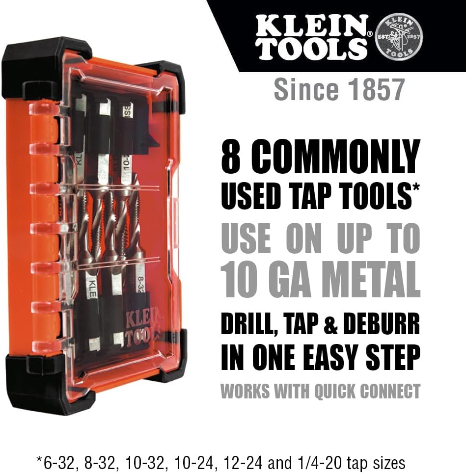 Klein Tools 32217 Drill Tap Tool Kit, 8-Piece, for Aluminum-Brass-Copper-Plastic-Mild Steel, Quick Connect Power Tools Compatible