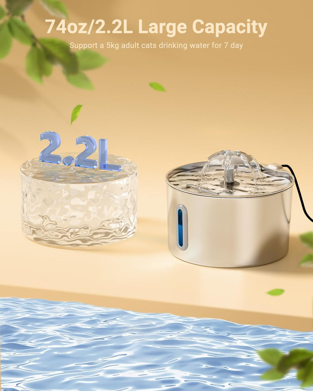 Cat Water Fountain Stainless Steel - 74oz/2.2L Automatic Large Pet Watering Bowl Dispenser for Indoor Dogs - Drinking