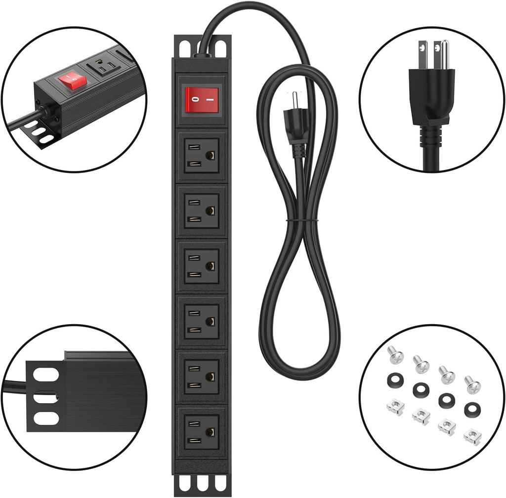 6 Outlet Power Strip, Metal Mountable Power Strip, Heavy Duty Wall Mount Power Outlet for Commercial, Industrial