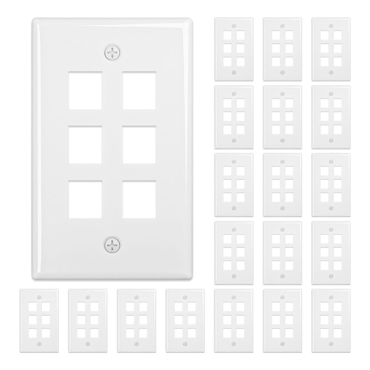 FGB 6-Port Keystone Wall Plate, for Keystone Jacks, 20-Pack, White