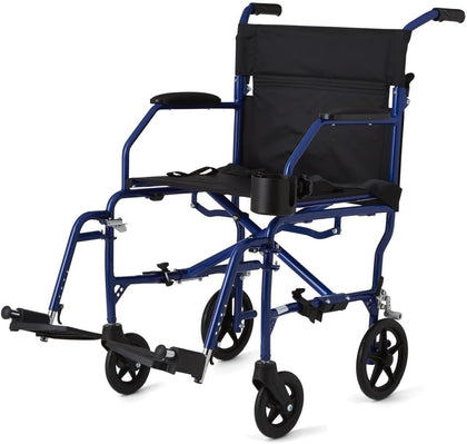 Ultralight Transport Wheelchair, 19" Wide Seat, Folding Transport Chair, Blue