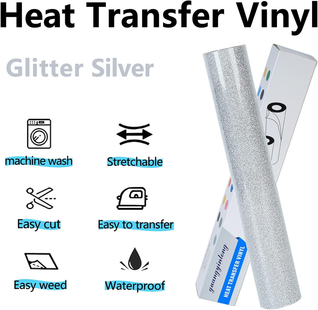 Glitter HTV Heat Transfer Vinyl Rolls, Silver 12" x 8ft | Glitter Iron on Vinyl for T Shirts, HTV Vinyl for All