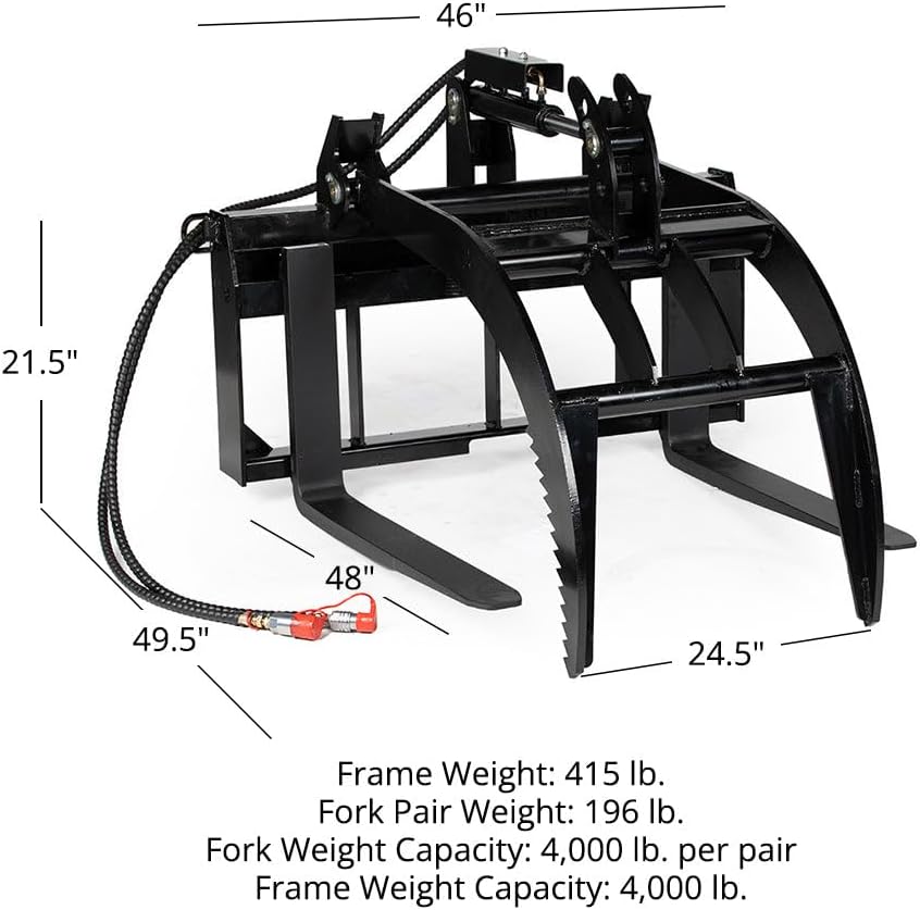 Hydraulic Skid Steer Pallet Fork Grapple Attachment V2, 1/2in Thick Steel Frame, Quick Tach Mounting System