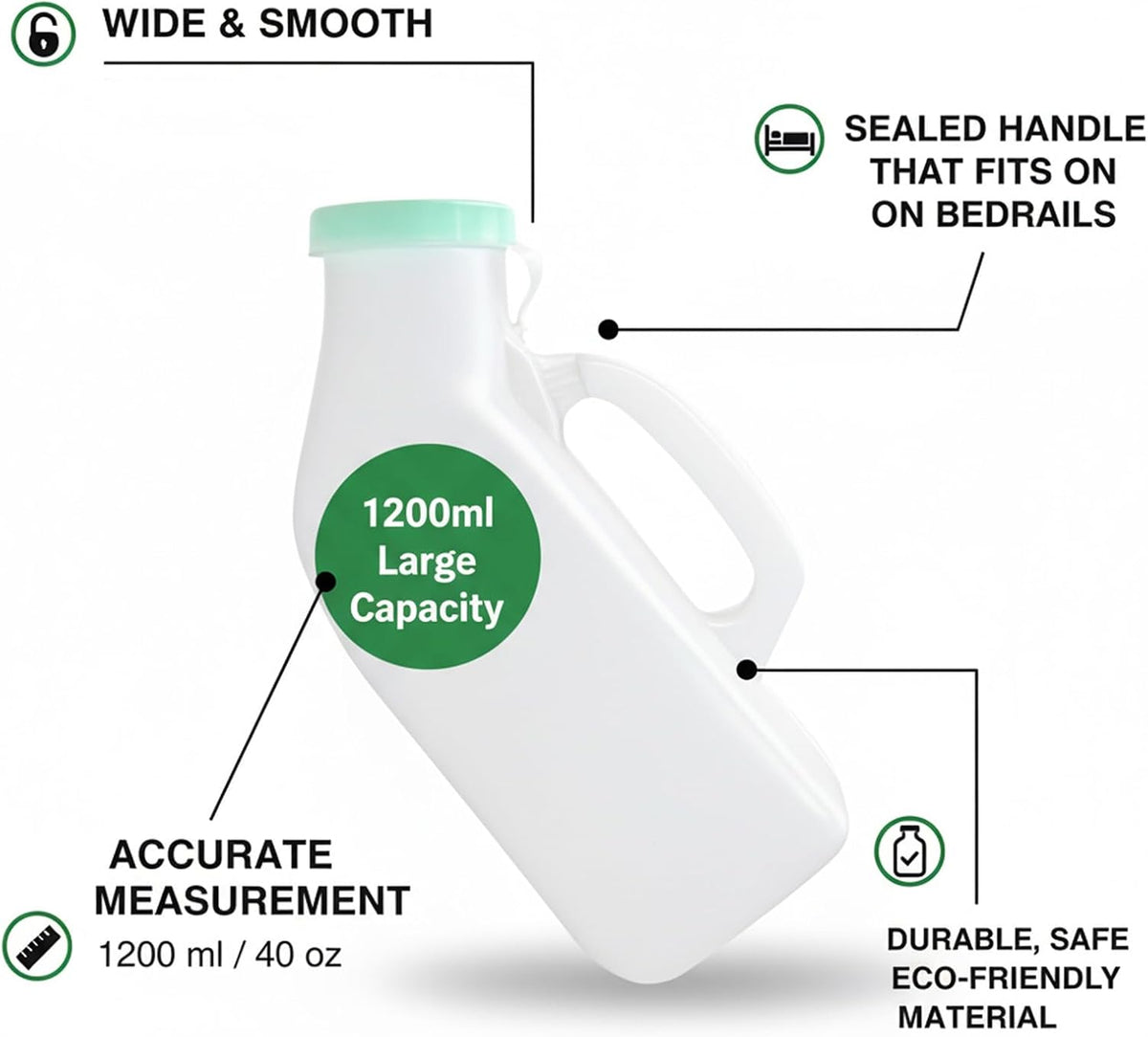 Urinals for Men - 1200 mL / 40 oz Thick Plastic Portable Urinals with Cleaning Brush, Anti-Tip Base & Secure Snap-On