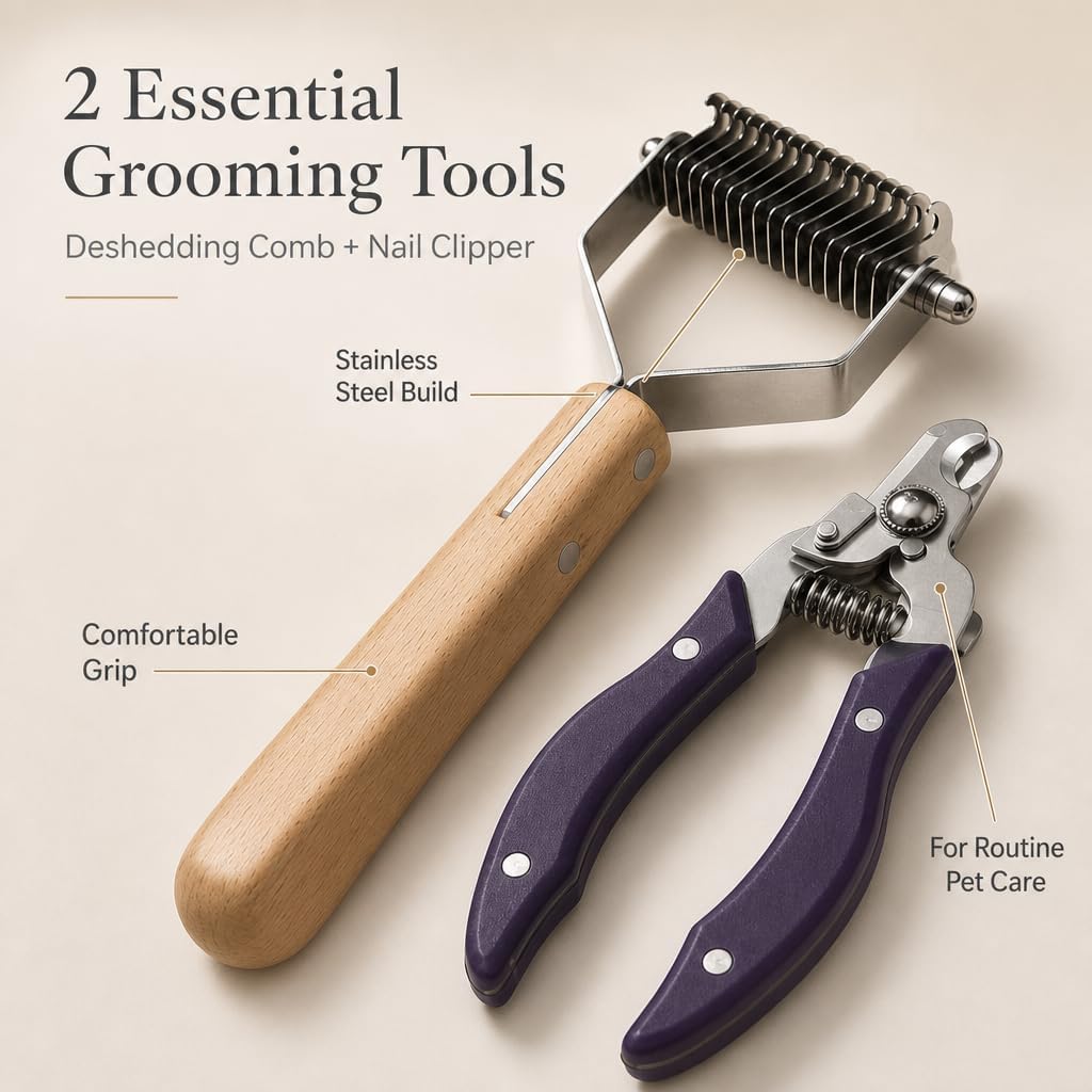 Pet Dematting Rake and Nail Clippers Set - Professional 2-in-1 Undercoat Deshedding Tool with Solid Wooden Handle &