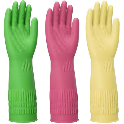 Rubber Gloves for Cleaning – 3 Pairs Reusable Gloves for Dishwashing, Kitchen and Household Tasks, 15-Inch Long
