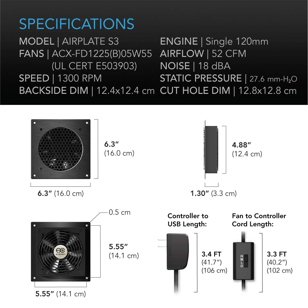 AC Infinity AIRPLATE S3, Quiet Cabinet Cooling Fan 6" w/ Speed Controller