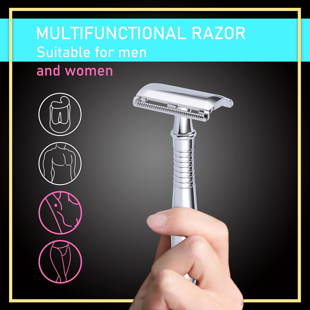 Classic 3-Piece Metal Double Edge Eco Safety Razor Long Handle Wet Shaving Kit for Men Women with 5 Platinum Blades