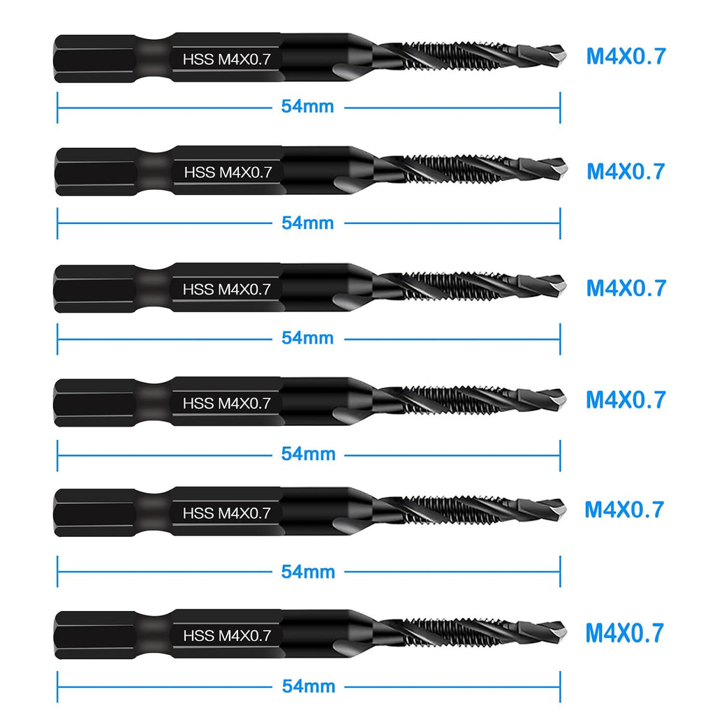 DKIBBITH 6 Packs M4 Combination Drill & Taps Bit Set, Screw Threading Tapping Tools in Size M4*0.7 with Anti-Rust Black Coating, 1/4" Hex Shank and Storage Case