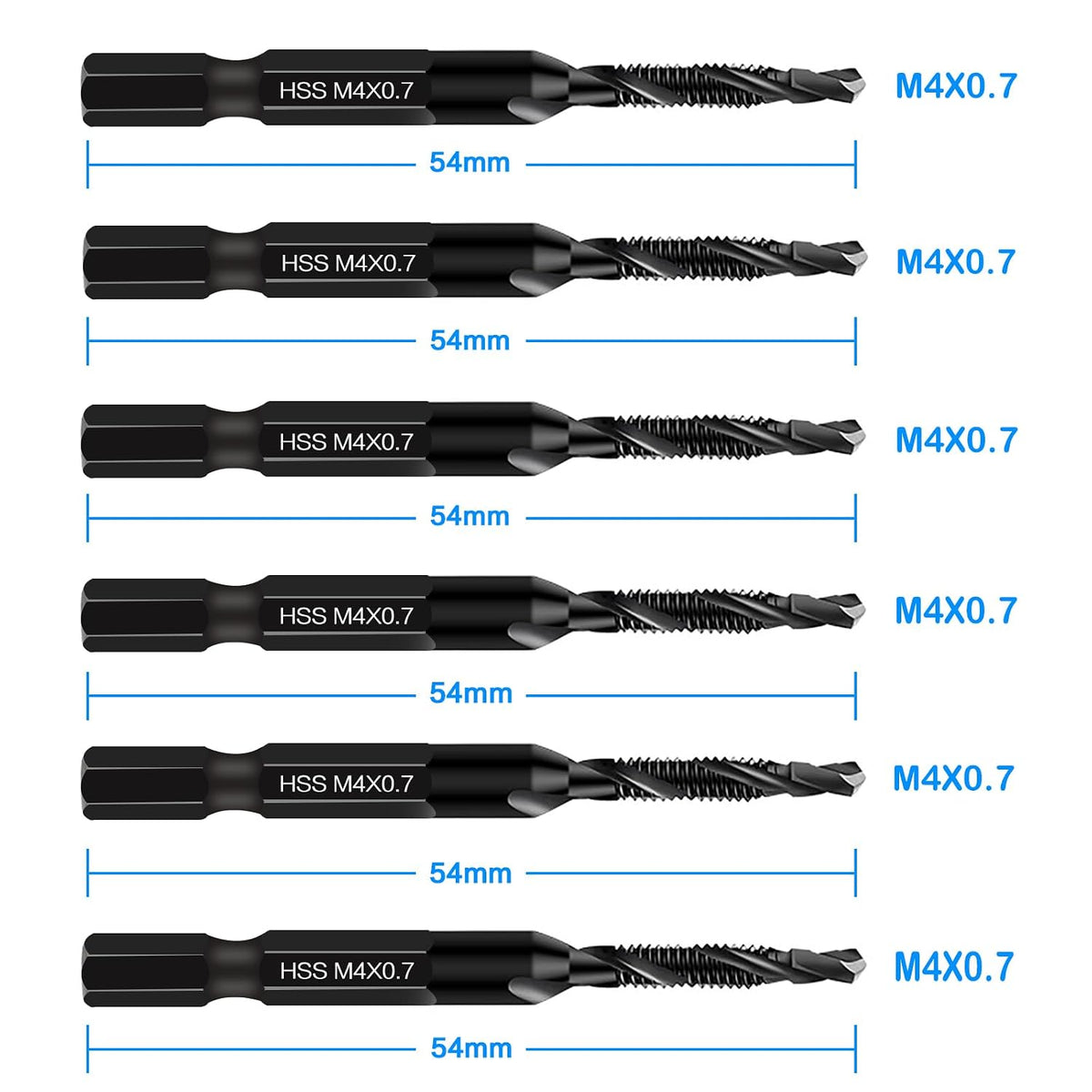 DKIBBITH 6 Packs M4 Combination Drill & Taps Bit Set, Screw Threading Tapping Tools in Size M4*0.7 with Anti-Rust Black Coating, 1/4" Hex Shank and Storage Case