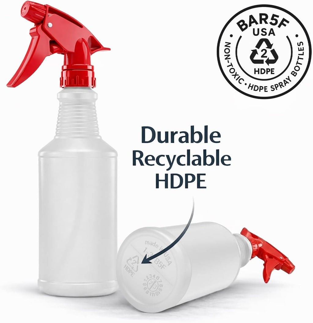 Spray Bottles, 16 Oz, 4 Pack, Chemical-Resistant HDPE, BPA-Free, Non-Toxic, Red Trigger Sprayers, Refillable Empty