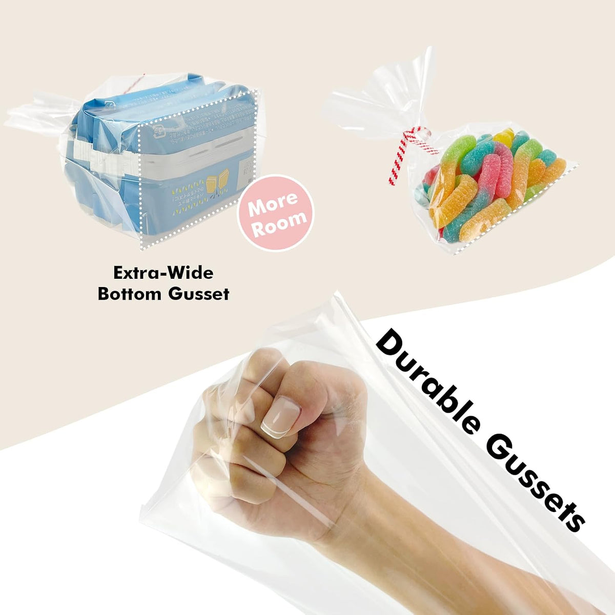 Clear 12x16Inches 50Pcs Twist Ties Flat Bottom Gusset Cellophane Bags Candy Party Favor Gift Mugs Treats Cookie