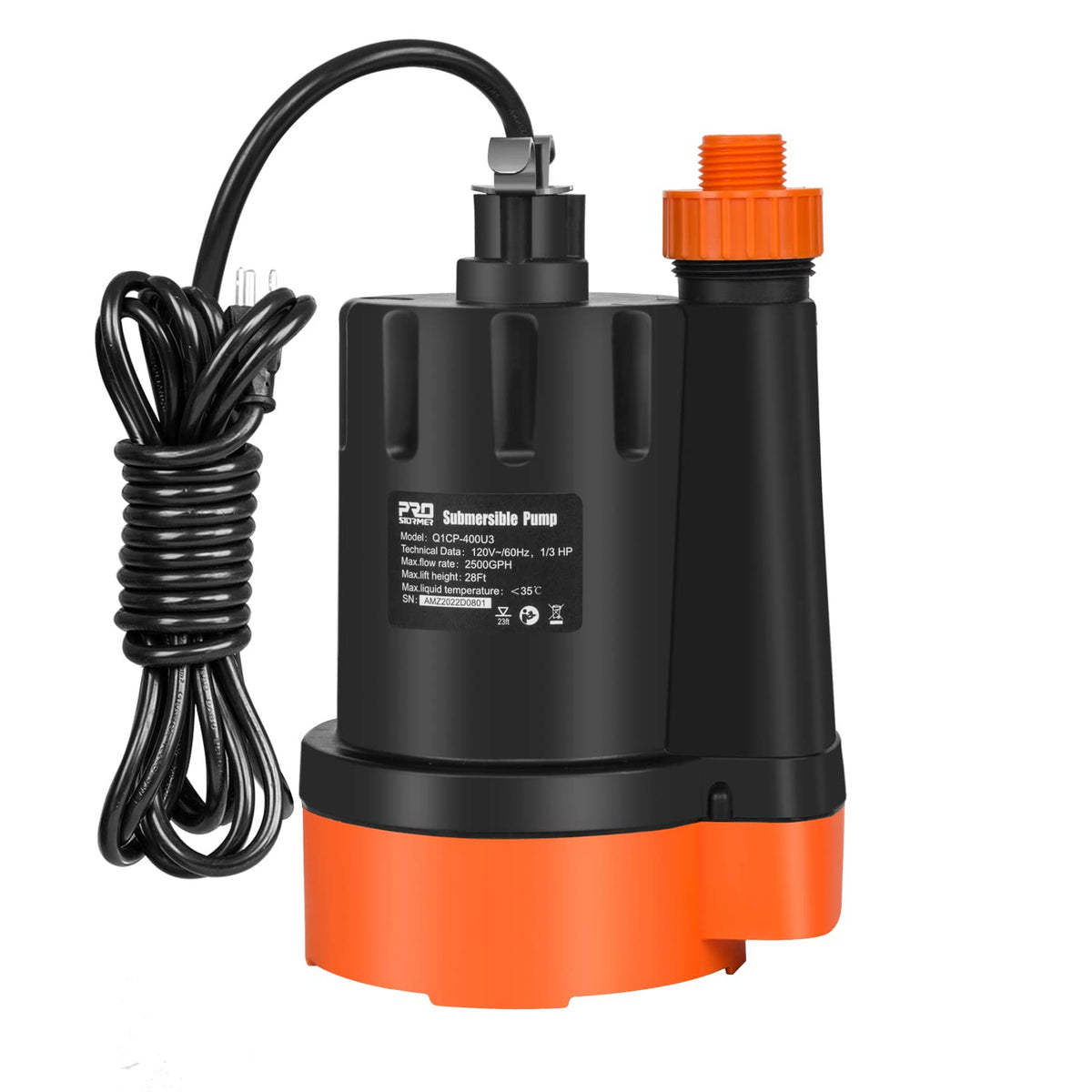 1/3 HP Submersible Water Pump, 2500GPH Utility Pump