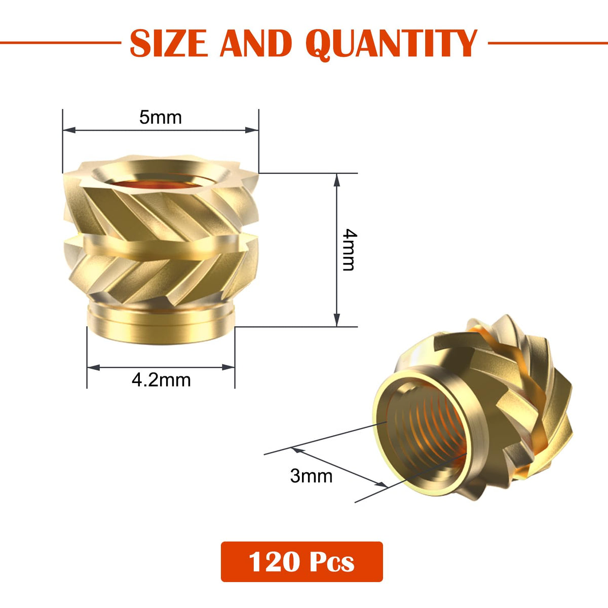 120Pcs M3 Threaded Inserts, Metric knurled Nuts Brass Heat Set Insert for Plastic Parts,Insert by Heat into 3D Printing Components(M3x4x5mm)