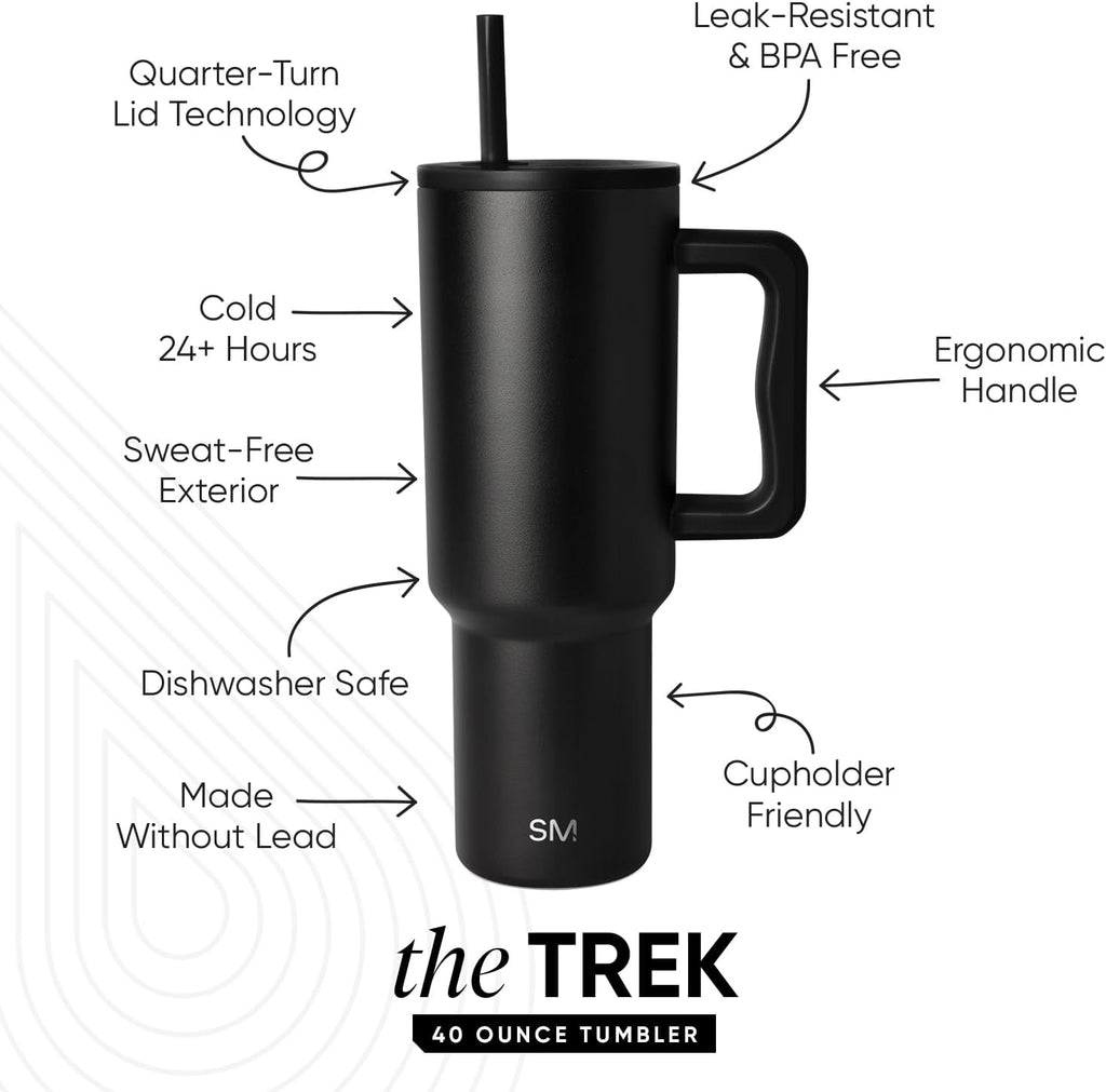 40 oz Trek Tumbler with Handle and Straw Lid | Cup Holder Friendly Insulated Stainless Steel Travel Mug | Midnight