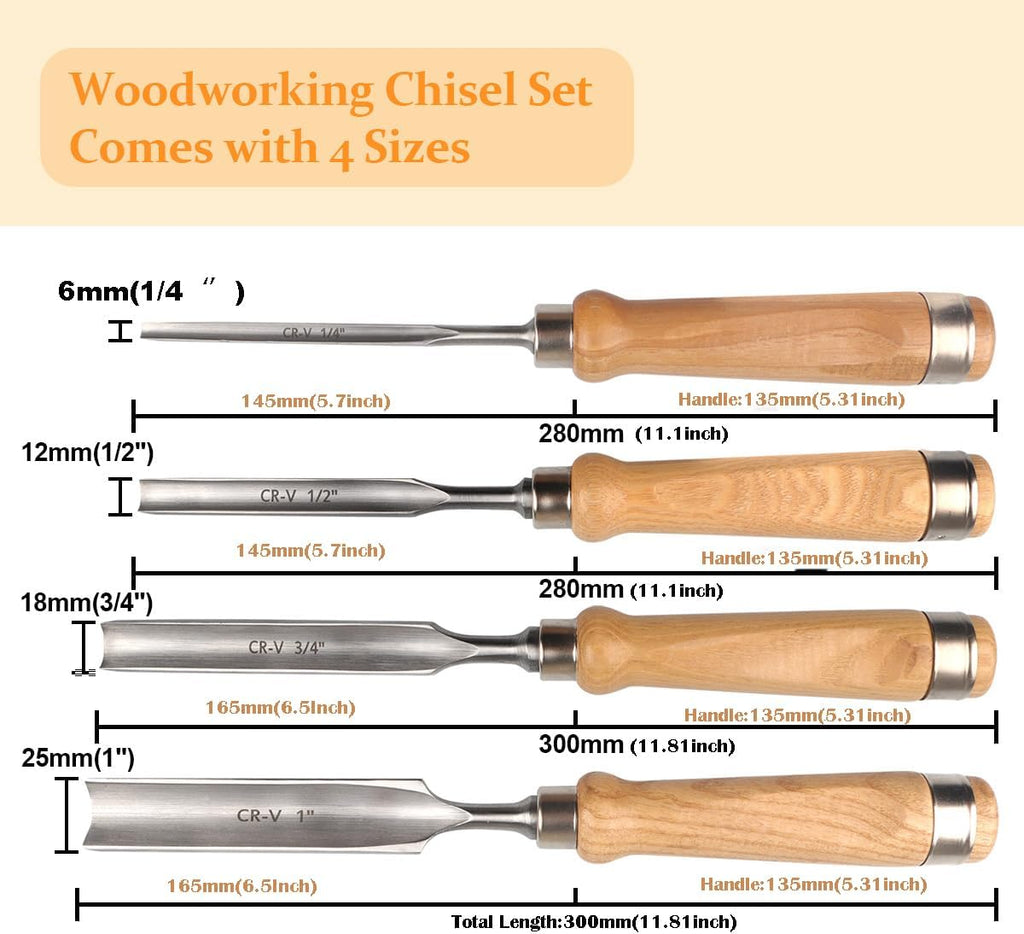Wood Chisel Set for Woodworking, 4 pcs Professional Wood Carving Chisel Tool Carpenter Gouge CR-V Steel Semi-Circular
