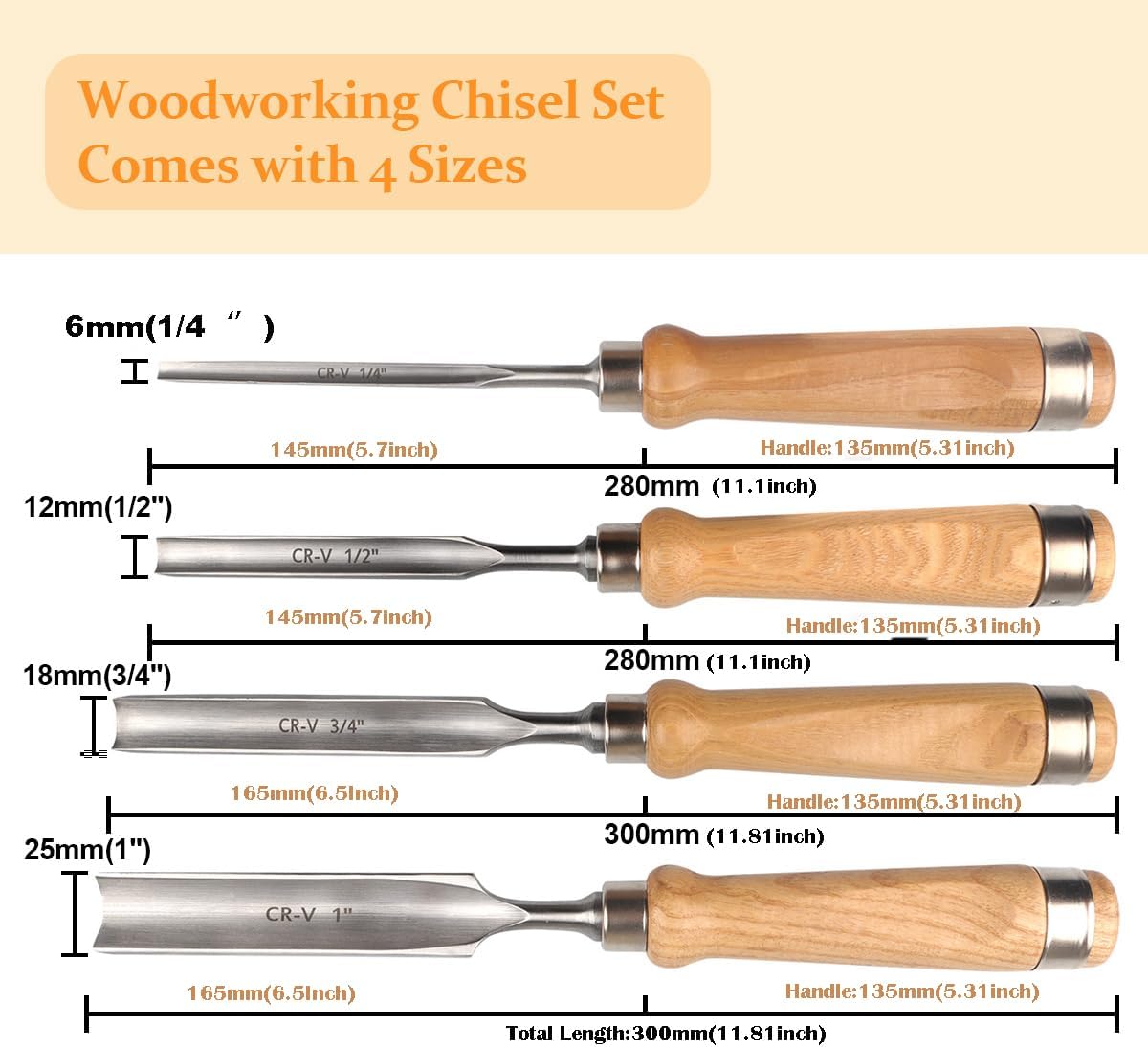Wood Chisel Set for Woodworking, 4 pcs Professional Wood Carving Chisel Tool Carpenter Gouge CR-V Steel Semi-Circular