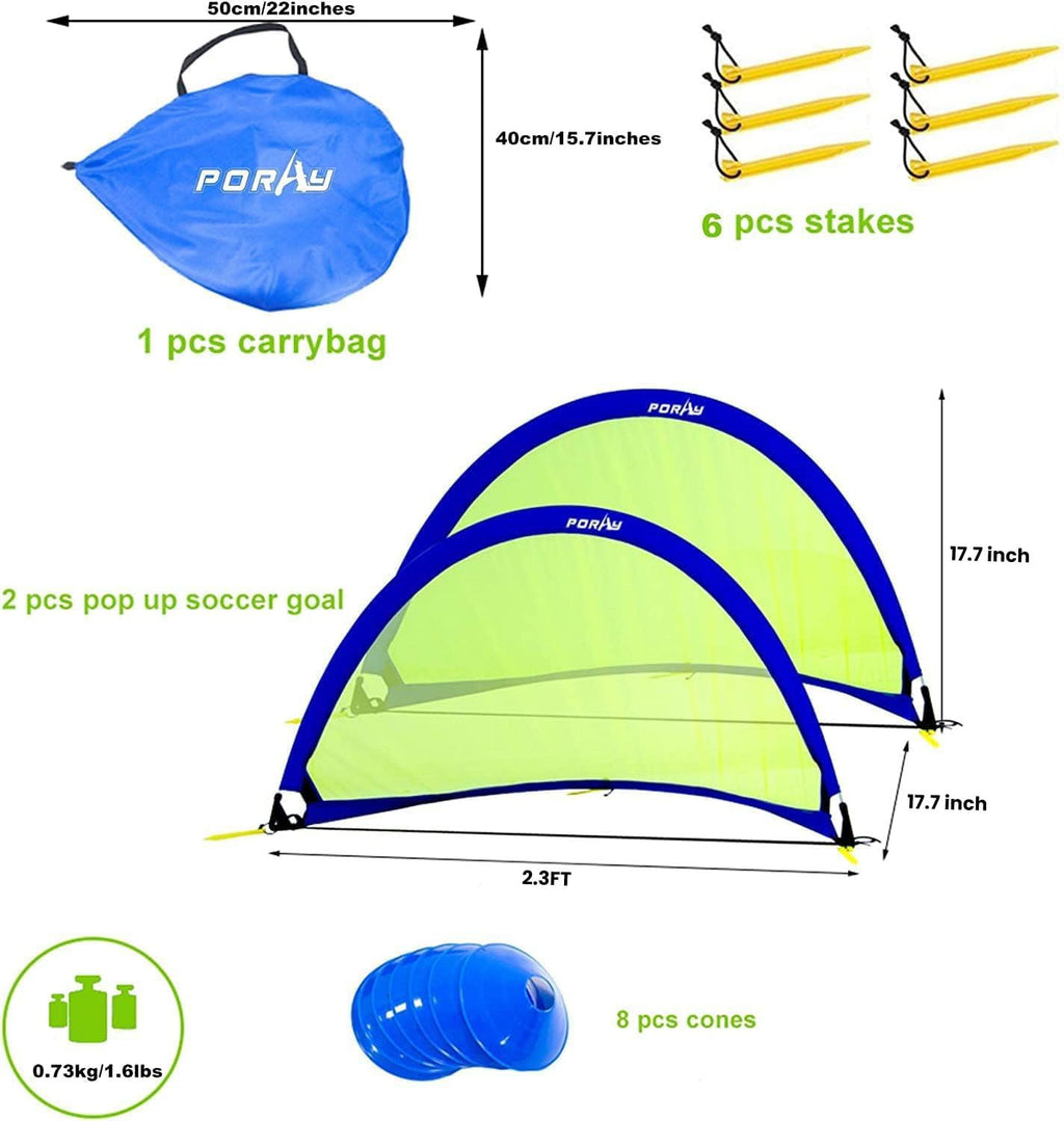 Poray Soccer Goal for Kid Easy-up Set of Two Portable Soccer Net 210D Oxford with 8 Field Marker Cones Extra Stakes