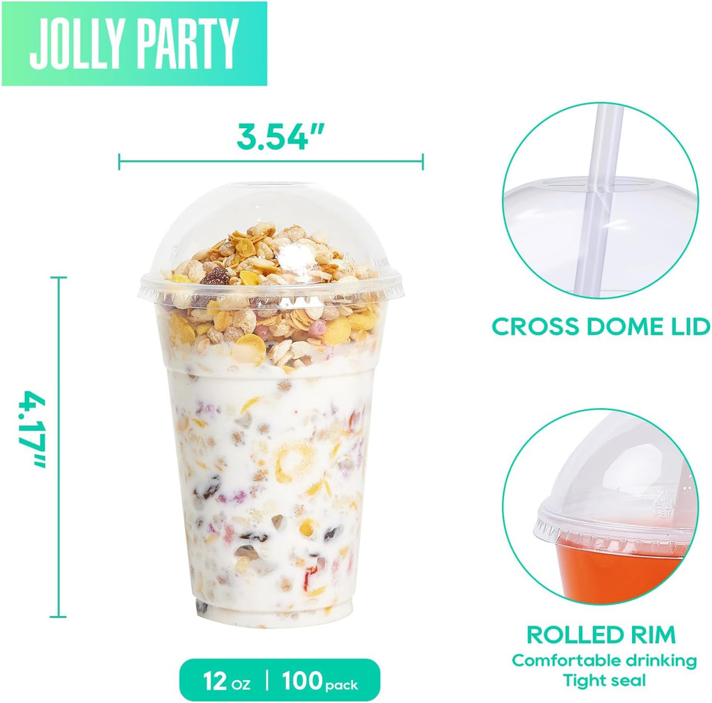 100 PACK 12 oz Clear Disposable Plastic Cups with Dome Lids