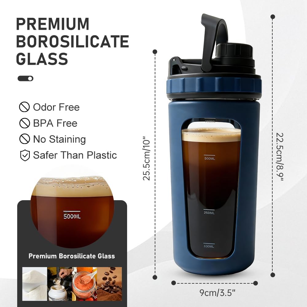 BYLWORKOUT 26 oz Glass Shaker Bottle with Silicone Sleeve and Mixing Ball