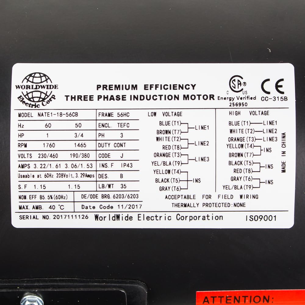 1 HP 3 Phase 56C Frame Electric Motor 1800 RPM TEFC