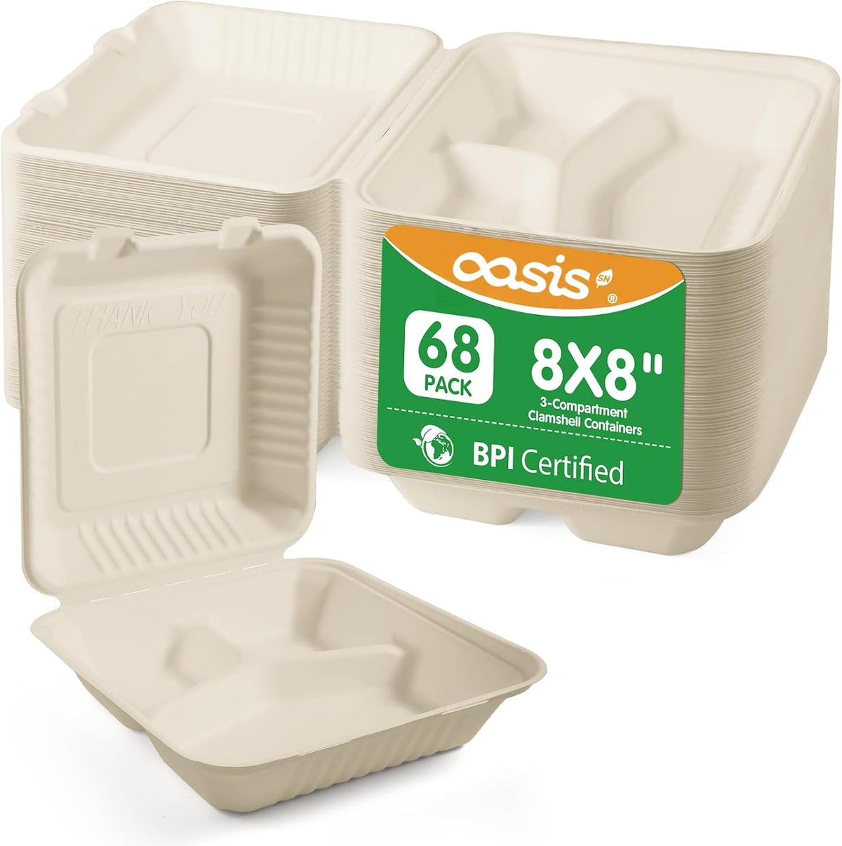 8x8 Inch 68 Pack 3-Compartment Clamshell Take Out Food Containers, Compostable Disposable Paper To Go Boxes with