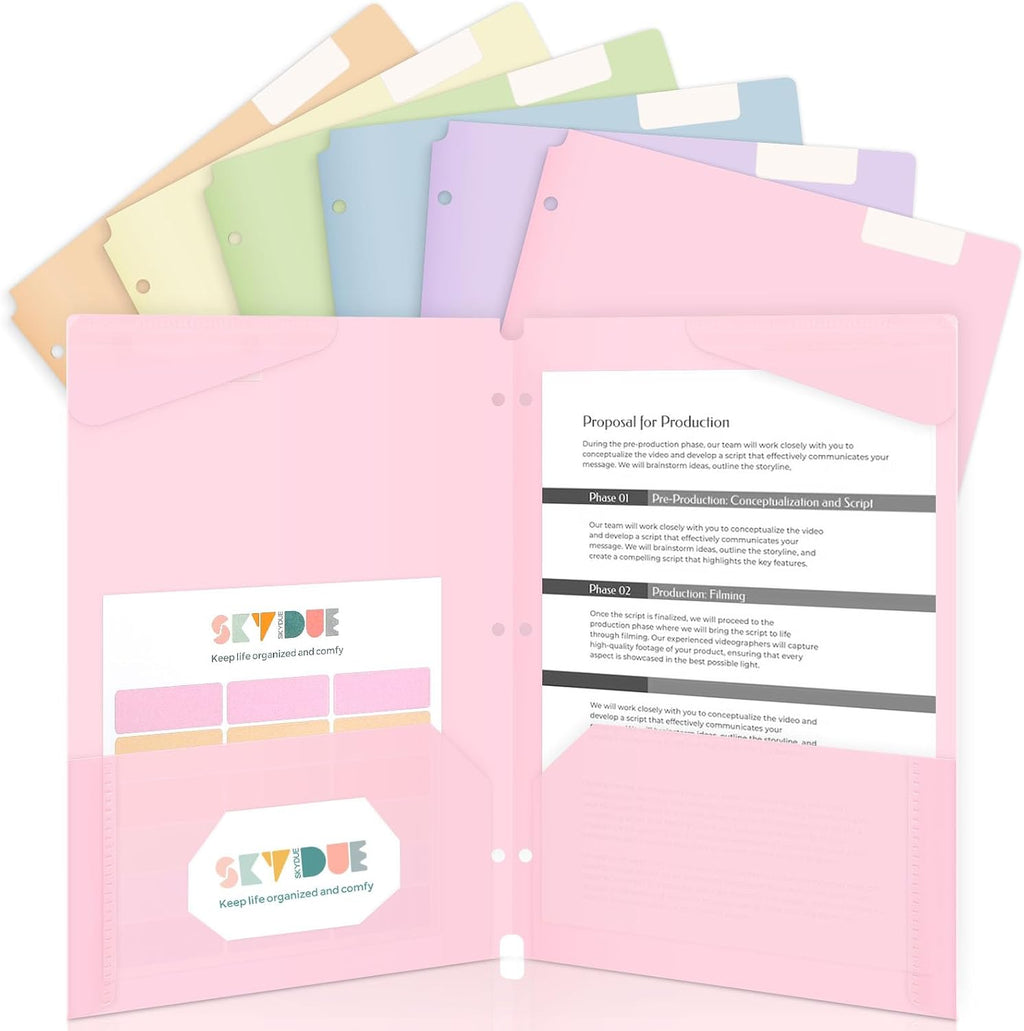 Plastic Folders with Pockets, 6 Pack File Folders with Tabs & Stay-Put Flaps, 3 Hole Punch 2 Pocket Folders for 3
