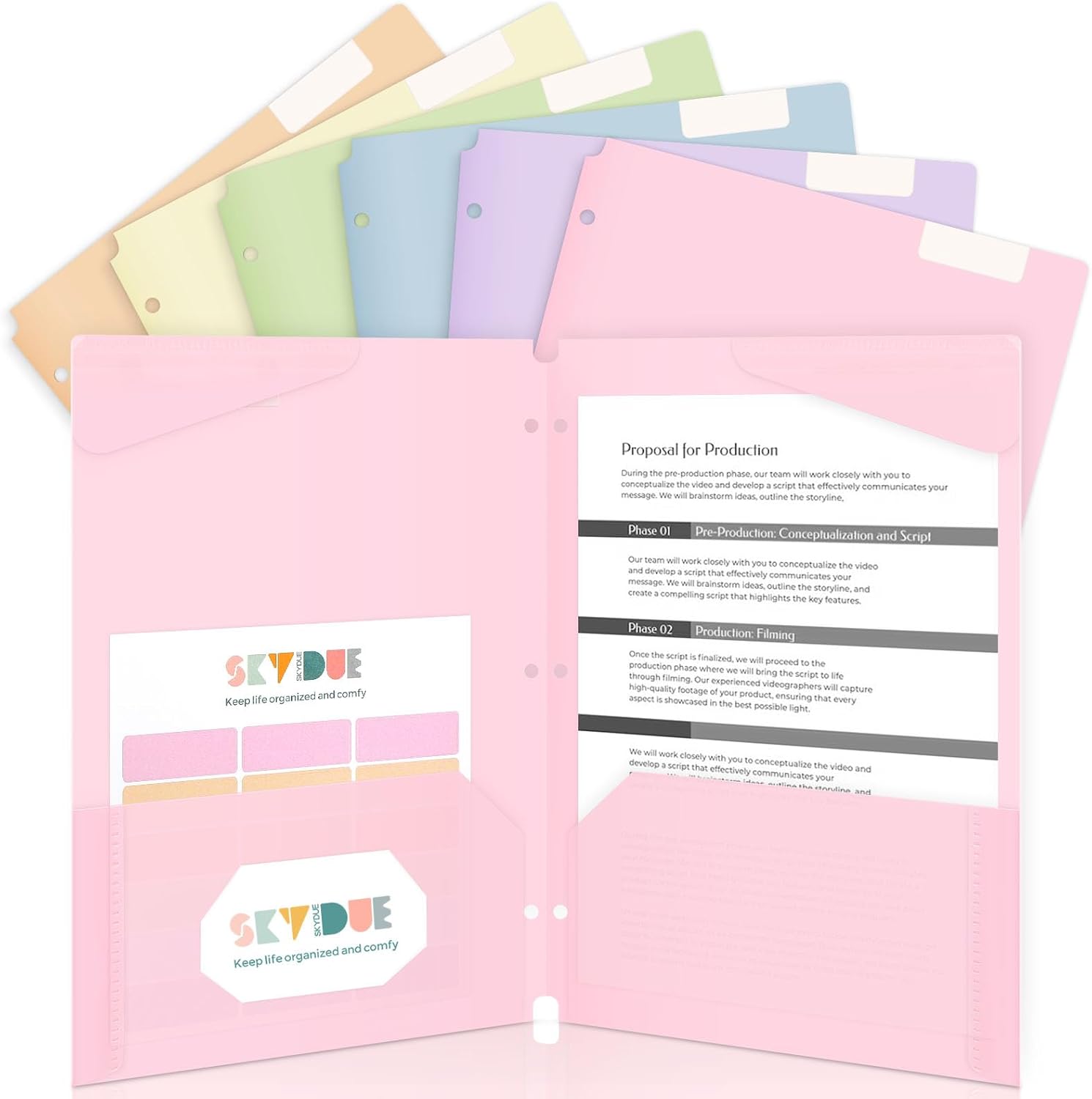 Plastic Folders with Pockets, 6 Pack File Folders with Tabs & Stay-Put Flaps, 3 Hole Punch 2 Pocket Folders for 3