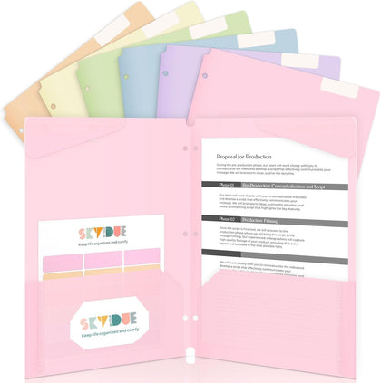 Plastic Folders with Pockets, 6 Pack File Folders with Tabs & Stay-Put Flaps, 3 Hole Punch 2 Pocket Folders for 3