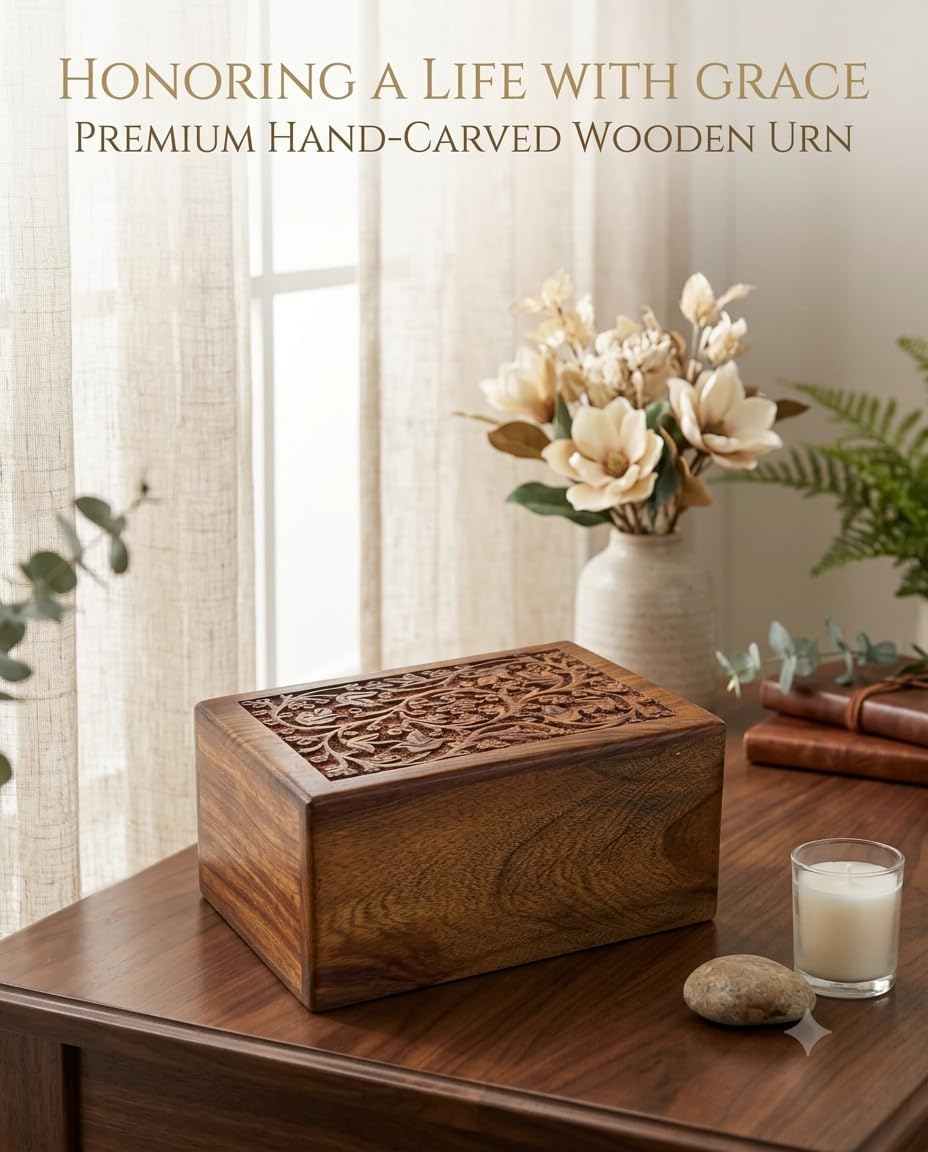 Floral Engraved Handcarved Cremation Urns For Human Ashes Adult Male Female Wooden Decorative Urn Burial Casket For
