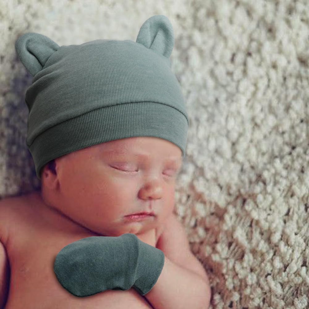BQUBO Newborn Baby Bear Ears Hats and Mittens Sets Preemie Cotton Caps Baby Boy Girl Infant Hospital Beanie