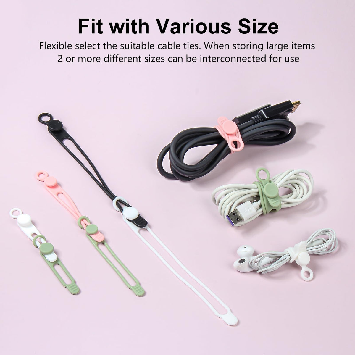 Silicone Cable Ties, 30Pcs Reusable Cord Ties in 3 Sizes for Various Cables