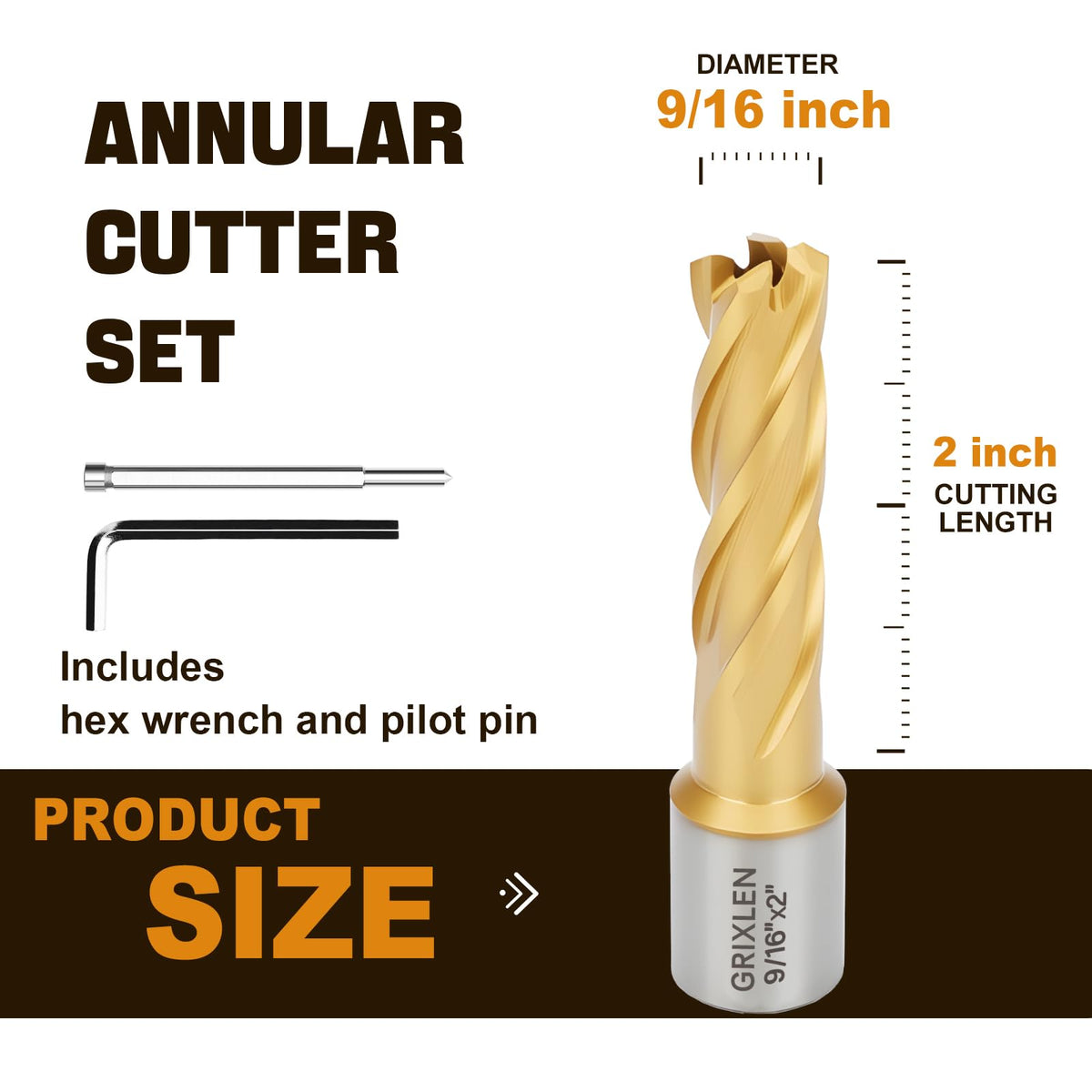 GRIXLEN 9/16"x2" HSS Annular Cutter，Diameter 9/16"，Cutting Depth 2"