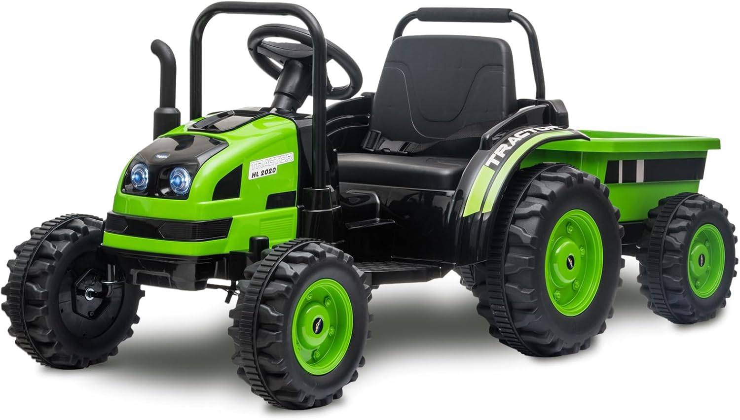 Kids Ride On Tractor with Trailer, 12V Battery Powered Electric Tractor with Remote Control, Music, USB, Led Lights