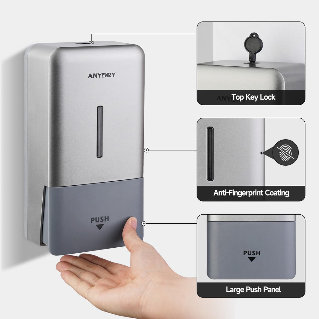 Liquid Hand Soap Dispenser Wall Mounted 27oz Large Capacity Silver