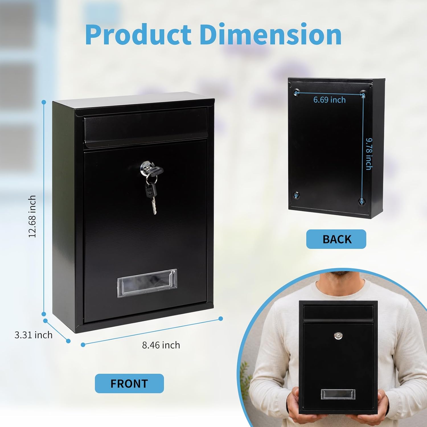 Lockable Wall Mount Mailbox Black 12.6 x 8.5 x 3.3 Inches | Galvanized Steel Waterproof Secure Medium Capacity Mail