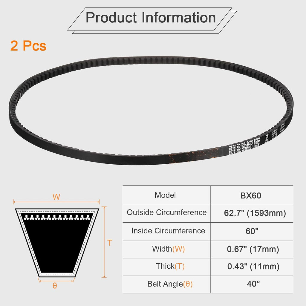 uxcell 2 Pcs BX60 EPDM V-Belt, Raw Edge Cogged Industrial Rubber V Belt 0.67" Width x 60" Inside Circumference