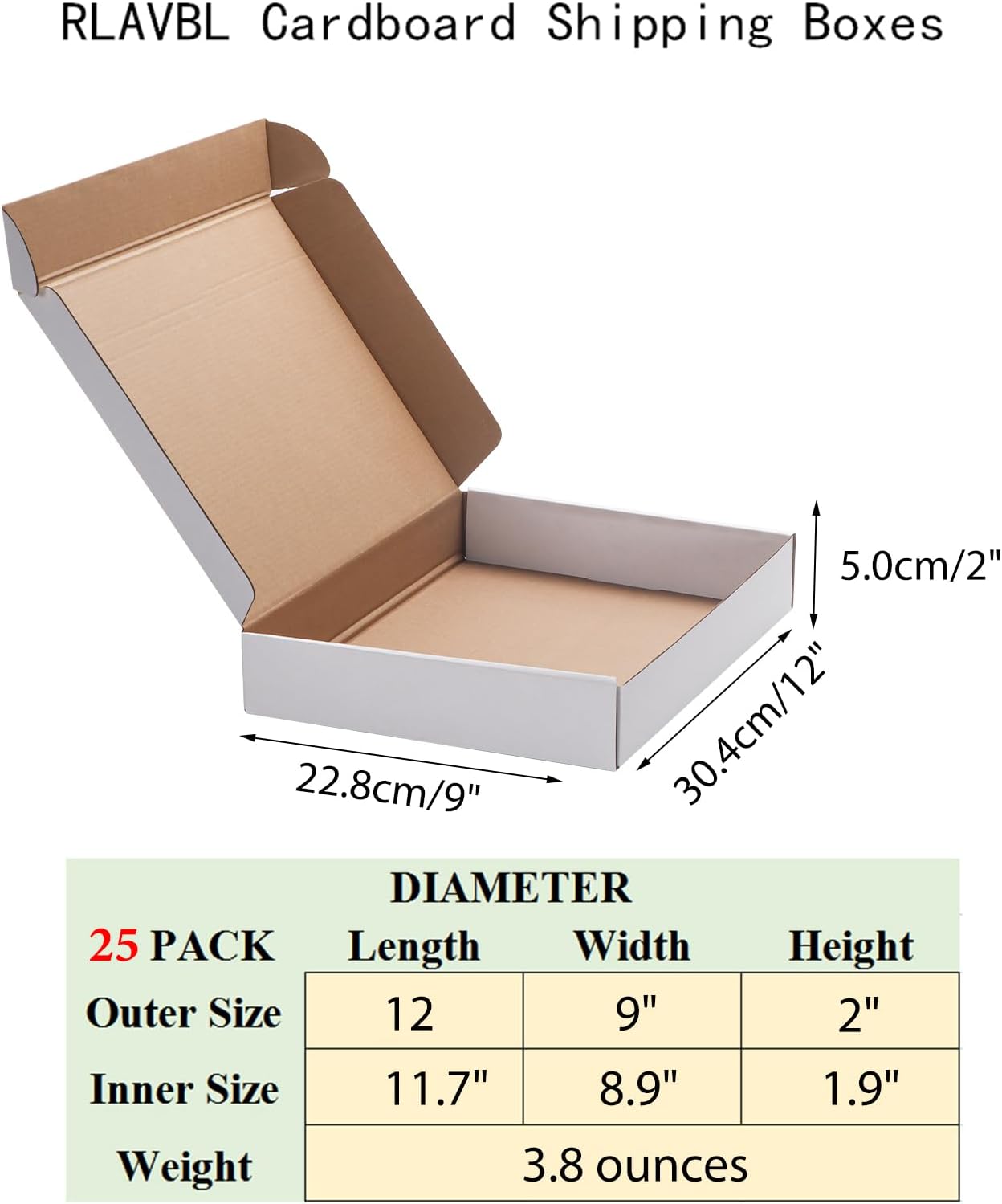 12x9x2 Shipping Boxes Set of 25, White Corrugated Cardboard Box for Packing, Mailing, Business