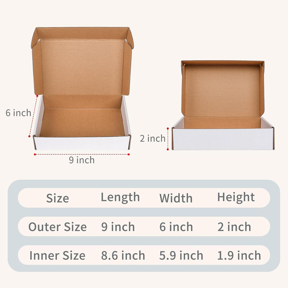 9" x 6" x 2" White Corrugated Cardboard Shipping Boxes Set of 25
