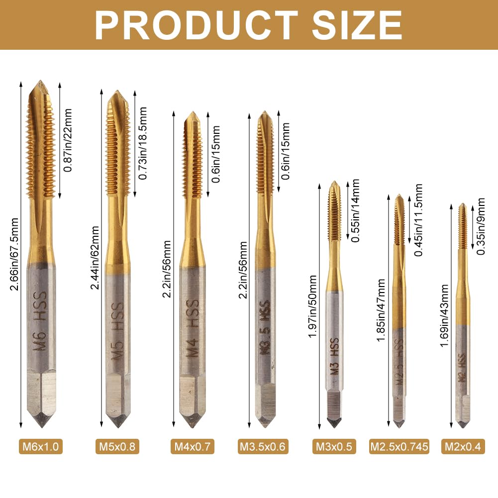 7 Pack Metric Thread Tap Set, Spiral Point Tap Set