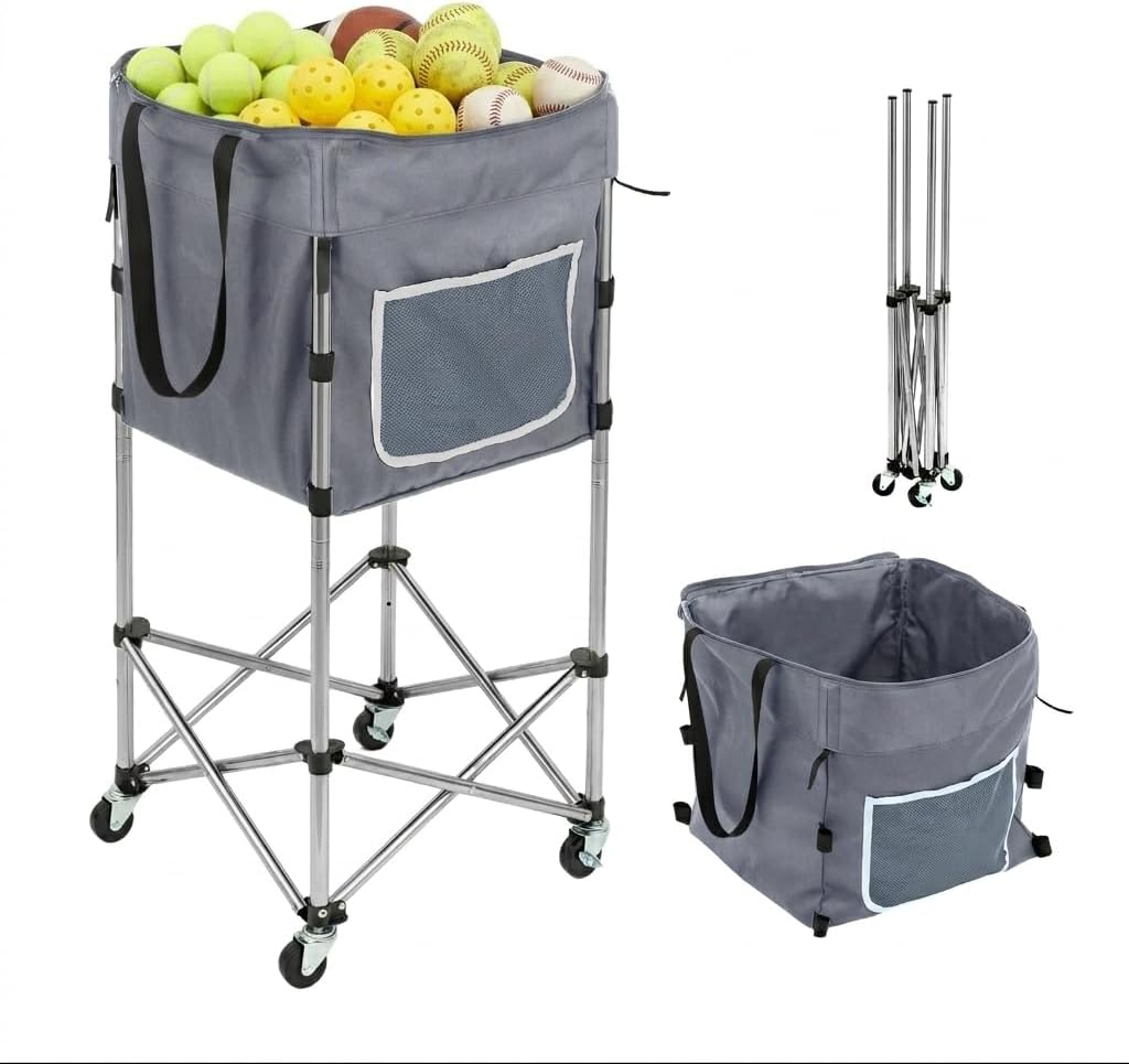 Tennis Ball Hopper with Wheels, 180 Capacity Ball Cart, Grey